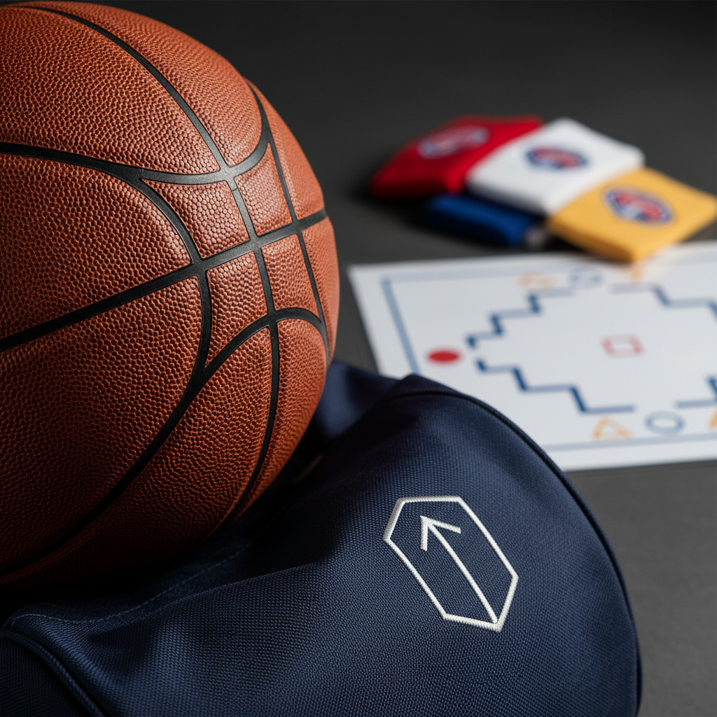 A detailed, close-up shot of a high-end composite leather basketball resting on a dark navy gym bag embroidered with a minimalist shield logo that subtly suggests advancement and protection. The ball’s pebbled texture and deep black seams are sharply in focus, while in the background, slightly blurred, are neatly arranged college-colored wristbands and a laminated bracket-style chart with abstracted seed markers, hinting at competition and placement paths without text. Soft studio lighting from the upper left creates precise highlights on the ball and gentle shadowing along the bag’s fabric folds. The composition uses rule of thirds with a shallow depth of field, evoking a focused, professional, and aspirational atmosphere in clean photographic realism.
