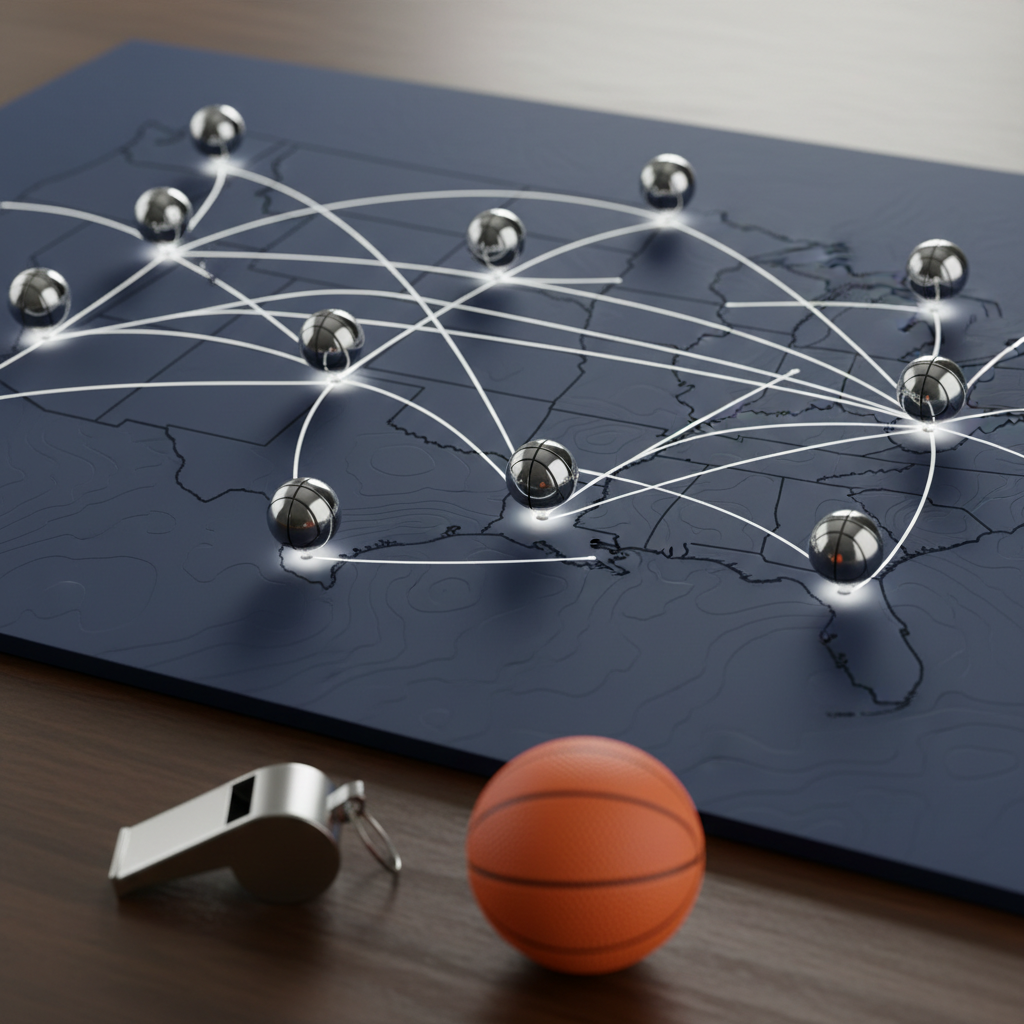 A stylized map of the United States printed on a matte navy-blue board, with small, three-dimensional chrome basketball markers pinned at key college towns across the country. Thin, white, curved lines elegantly connect the markers, suggesting placement journeys and networks. At the bottom of the frame, a sleek silver whistle and a single, compact orange mini-basketball rest on the surface, adding subtle athletic context. Soft, directional studio lighting from above creates gentle highlights on the chrome markers and faint shadows across the map’s subtle topography. Captured from a slightly elevated, three-quarter angle with moderate depth of field, keeping all markers sharp. The mood is professional, aspirational, and global-minded, rendered in clean, photographic realism suitable for a high-end sports consultancy site.