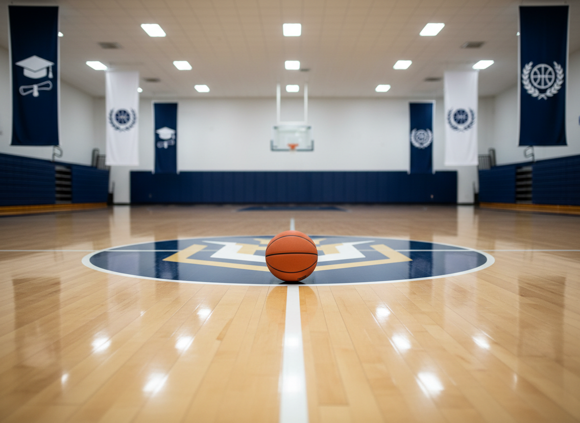 A pristine, full-size indoor basketball court with polished maple flooring, crisp white boundary lines, and a brand-new orange composite leather ball resting perfectly on the center logo. Around the court, clean navy and white banners show stylized icons of graduation caps and basketballs, suggesting academic and athletic success without using text. Soft, even arena lighting from overhead panels creates subtle reflections in the glossy floor and gentle shadows around the ball. Shot from a slightly elevated, wide-angle perspective, the court stretches into the background with the far hoop softly blurred. The mood is professional, aspirational, and focused, in a clean, photographic realism style that fits a modern sports consultancy brand.
