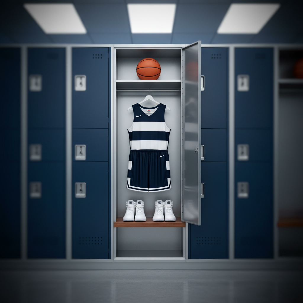 An immaculate USA college basketball locker display, featuring a single open locker with neatly hung, generic navy and white uniform, a pair of pristine white and navy high-top basketball shoes, and a polished orange ball on the top shelf. No logos or text, only clean color blocking that suggests elite collegiate programs. The locker interior is brushed steel with subtle reflections, while the surrounding lockers are slightly out of focus in soft grays and blues. Overhead fluorescent lighting casts even illumination, with a gentle vignette emphasizing the central locker. Shot straight-on at eye level, the composition is symmetrical and orderly. The mood is aspirational and professional, representing the destination players aim for through placement consultancy, captured in sharp, photographic realism.