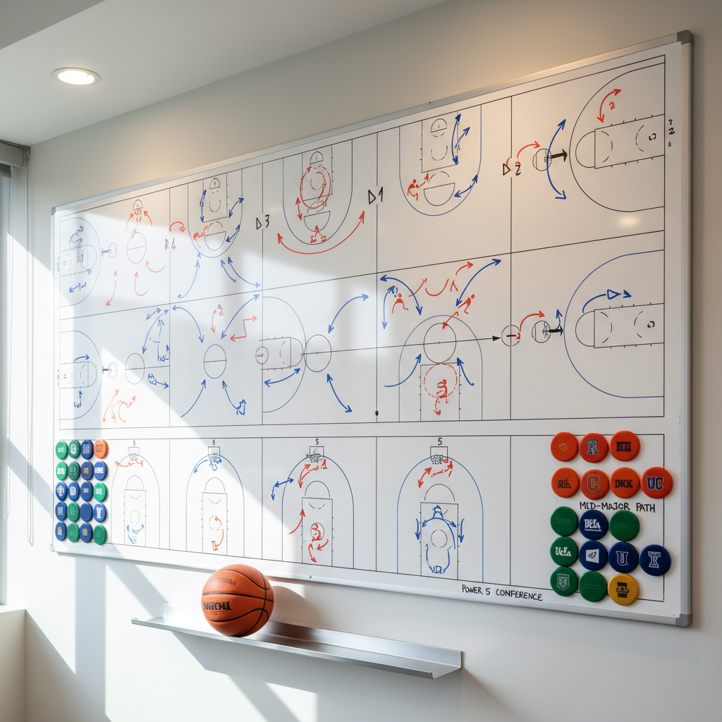 A large wall-mounted whiteboard in a modern conference room, completely filled with meticulously drawn basketball half-court diagrams, arrows, and numbered positions using blue, red, and black markers. At the bottom edge of the frame, color-coded magnets in collegiate shades group into clusters, symbolizing different college programs and pathways. A pristine orange and cream basketball rests on a sleek metal shelf beneath the whiteboard. Natural afternoon light filters through a nearby window, mixing with soft overhead LEDs to create a balanced, bright environment. Shot from a slight side angle at eye level, with sharp focus across the entire board. The mood is strategic, organized, and forward-thinking, conveying the planning intensity of USA college basketball placement in polished photographic realism.