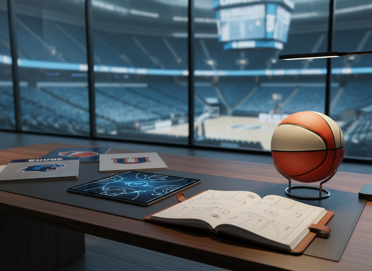 A sleek, modern workspace featuring a large dark-wood desk covered with detailed college basketball scouting materials: glossy team logo folders, a tablet displaying a stylized court diagram, and a leather notebook open to hand-drawn play illustrations. A pristine orange and cream basketball sits in a polished metal stand at the desk’s corner, its pebbled texture highlighted. Behind, a large glass wall shows a blurred arena-style backdrop in cool blues. Cool, diffused daylight streams from the side, balanced by soft warm desk lighting, creating a professional, analytical mood. Captured from an eye-level, three-quarter angle with shallow depth of field, emphasizing the desk items. The photographic image feels strategic and data-driven, reflecting elite USA college basketball placement consulting.