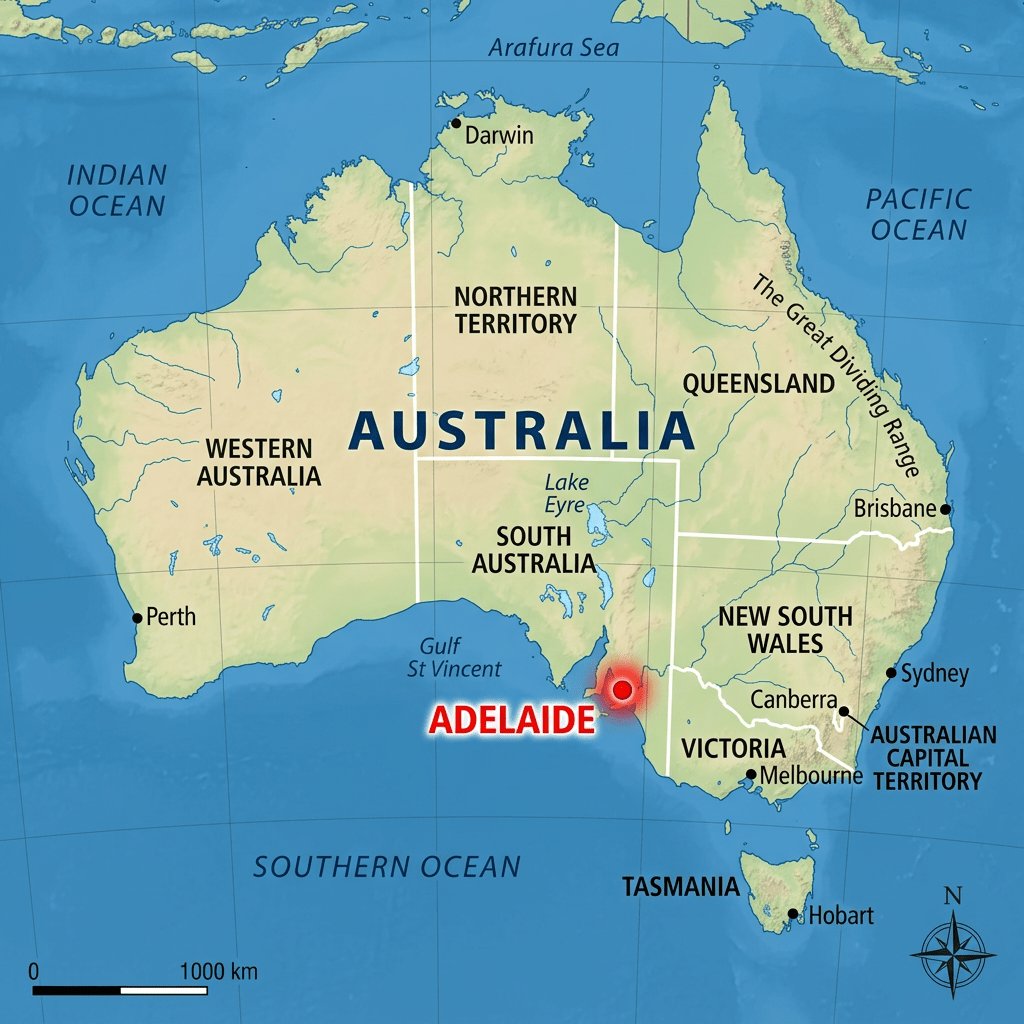 Map of Australia showing states, major cities, and Adelaide highlighted in red
